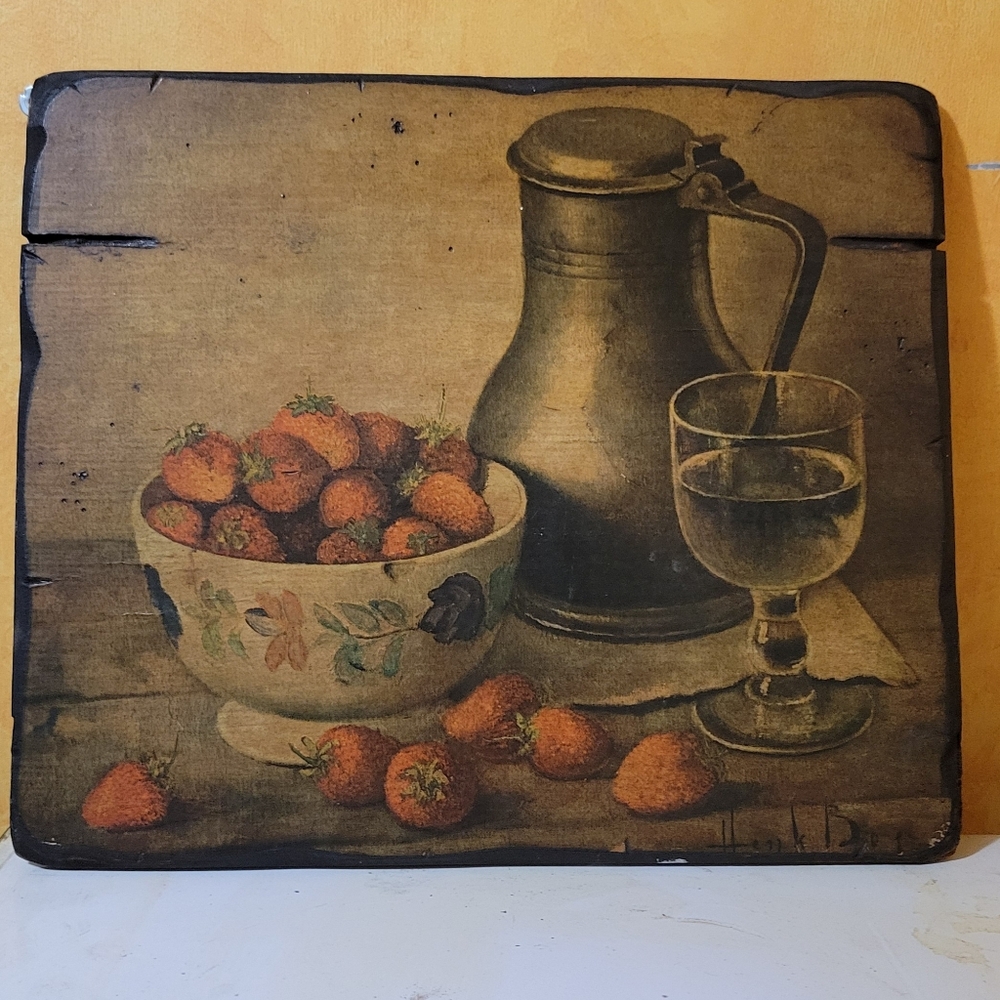 Vtg Henk Bos Mid Century Art Still Life Print on Wood Board